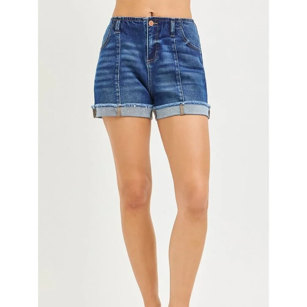 RISEN Los Angeles Front Seam Jean Shorts High-Rise Rolled Hem